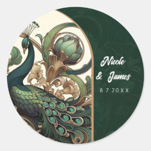 Adesivo Redondo Art Nouveau Verde Esmeralda Vintage Casamento Pavã