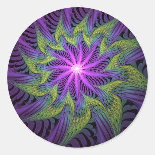 Adesivo Redondo Arte abstrata fractal moderna flor roxa verde