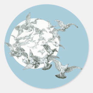 Adesivo Redondo Arte Antiga Arte Nova Rebanho de Pássaros com Lua 