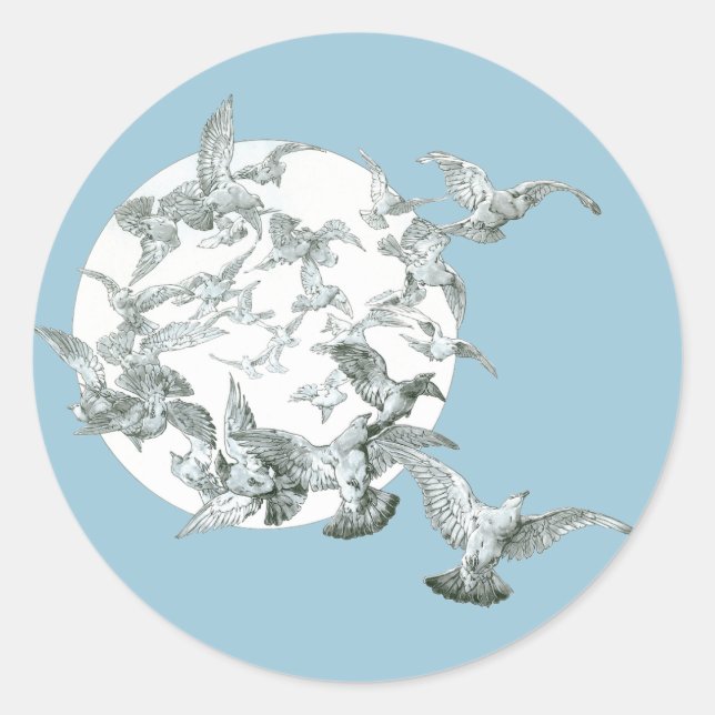 Adesivo Redondo Arte Antiga Arte Nova Rebanho de Pássaros com Lua  (Frente)