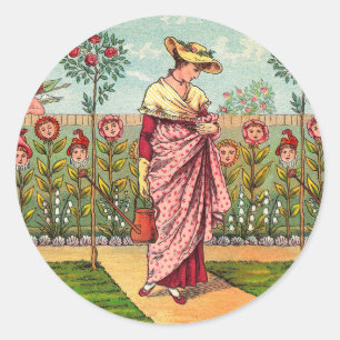 Adesivo Redondo Arte Antigo Jardim Crescer Flor Mulher