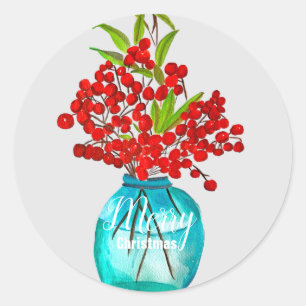 Adesivo Redondo Arte aquarela de fruta vermelha de Natal