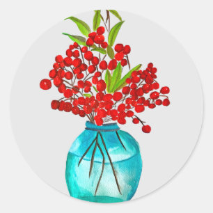 Adesivo Redondo Arte aquarela de fruta vermelha de Natal