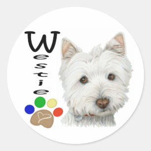 Adesivo Redondo Arte bonito do cão e da pata de Westie