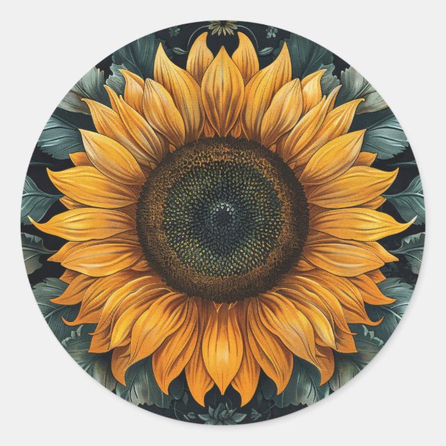 Adesivo Redondo Arte Botânica De Girassol Itriciada (Frente)