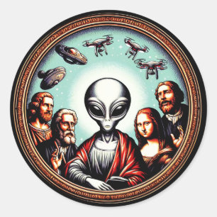 Adesivo Redondo Arte Clássica Consegue Retrato SciFi Engraçado Com