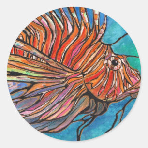 Adesivo Redondo Arte colorida do estilo do "vitral" do Lionfish!