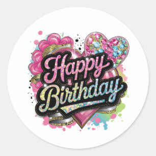 Adesivo Redondo Arte com palavras de Feliz Aniversário fofo para s