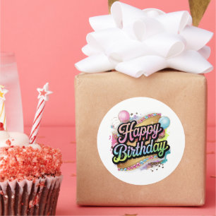 Adesivo Redondo Arte com palavras de Feliz Aniversário fofo para s