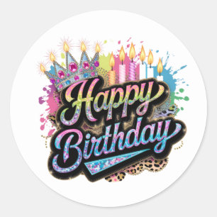 Adesivo Redondo Arte com palavras de Feliz Aniversário fofo para s