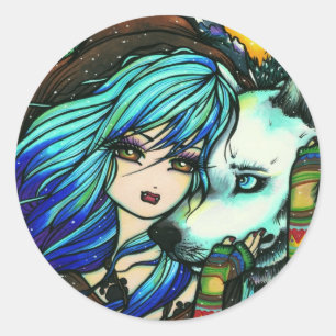 Adesivo Redondo Arte cómica feericamente da fantasia do lobo