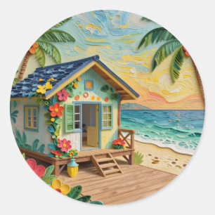 Adesivo Redondo Arte Costeira de Casa de Praia