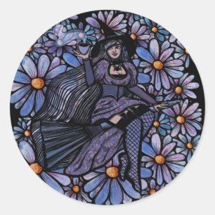 Adesivo Redondo Arte Daisy de Bruxa de Café Roxo
