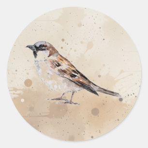 Adesivo Redondo Arte de Animal de Aguarela de Pássaro Pardal Fofo