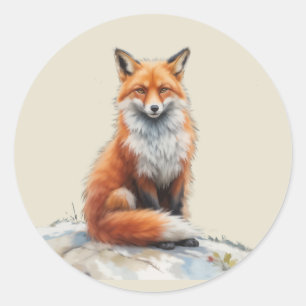 Adesivo Redondo Arte de Animal Selvagem Raposa Vermelha Aquarela