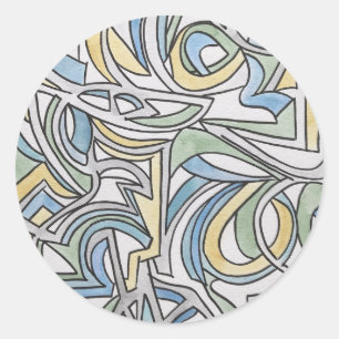 Adesivo Redondo Arte de Aquarela em Reticulado Azul Verde Amarelo
