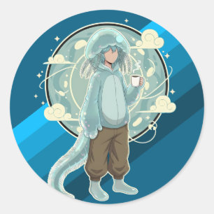 Adesivo Redondo Arte de Café Anime Menino Água-Viva