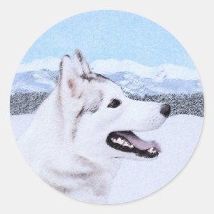 Adesivo Redondo Arte de Cão Siberiana (Prata e Branca)