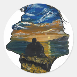 Adesivo Redondo Arte de Casal Pôr do Sol Romântico - obra de arte