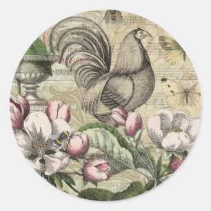 Adesivo Redondo Arte de Colagem de Jardim com Galo Vintage: País F