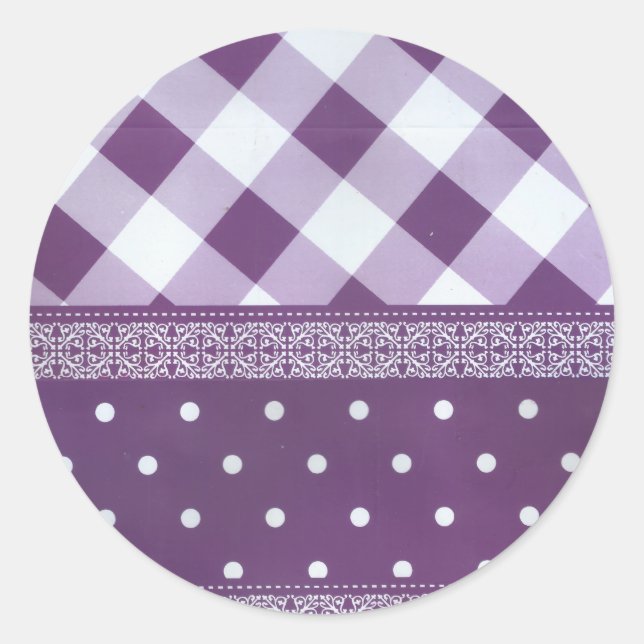 Adesivo Redondo Arte de Damasco Floral com Bolinhas branca púrpura (Frente)