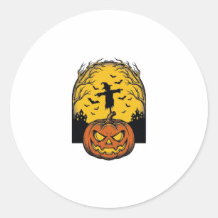 Adesivo Redondo Arte de Espantalho de Lua de Abóbora de Halloween