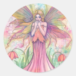 Adesivo Redondo Arte de Fantasia de Fada com Flor Silvestre em Aqu
