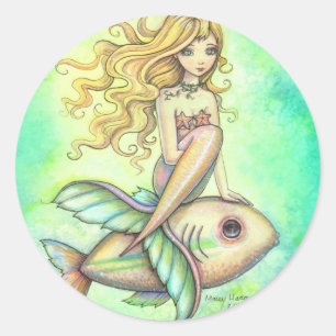 Adesivo Redondo Arte de Fantasia de Sereia e Peixe Fofos