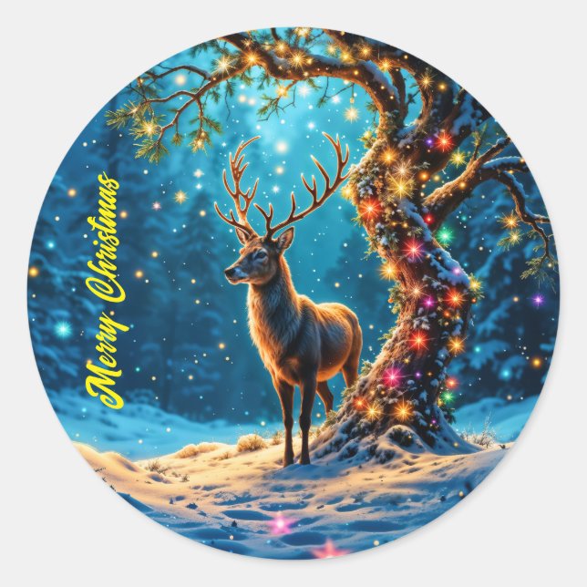 Adesivo Redondo Arte de fantasia do Polo Norte das renas de Natal (Frente)