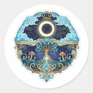 Adesivo Redondo Arte de Fantasia Noturna da Lua e Árvore da Vida