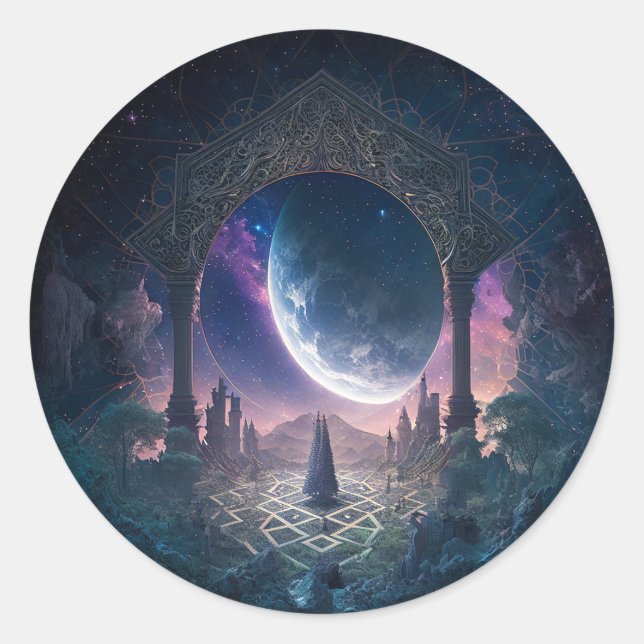 Adesivo Redondo Arte de Fantasia Surreal do Exterior (Frente)