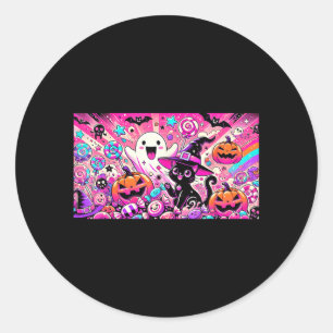 Adesivo Redondo Arte de Fantasma e Gato Preto Kawaii Fofa de Hallo