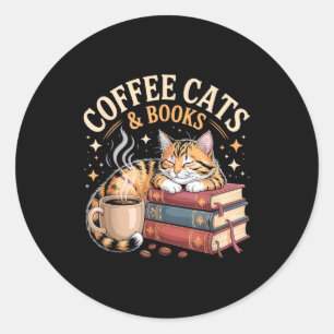 Adesivo Redondo Arte de Gato de Leitura Aconchegante Amante de Caf