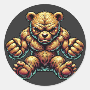 Adesivo Redondo Arte de ilustração colorida do Urso Muscular Irrit