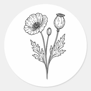 Adesivo Redondo Arte de Linha Flor Botânica de Papoula