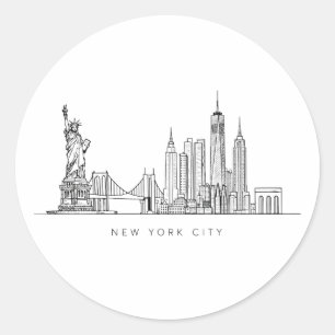 Adesivo Redondo Arte de Linha Minimalista do Horizonte de Nova Yor