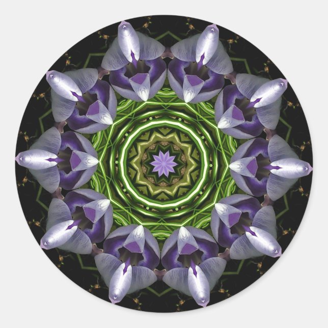 Adesivo Redondo Arte de Mandala Floral Roxo em Caleidoscópio (Frente)
