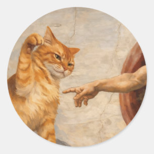 Adesivo Redondo Arte de Meme de Gato Engraçado Criação de Adão com