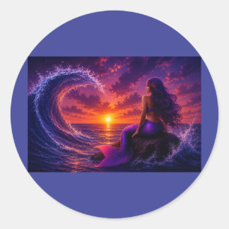 Adesivo Redondo Arte de Oceano Pôr do Sol Fantasia Onda Sereia Mís