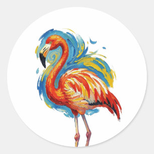 Adesivo Redondo Arte de Pássaro com Pincelada Abstrata de Flamingo
