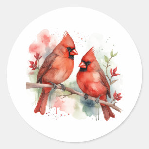 Adesivo Redondo Arte de Pássaros Cardinals Vermelhos de Natal