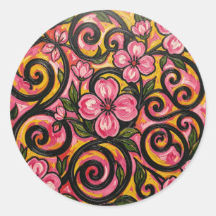 Adesivo Redondo Arte de redemoinho floral rosa vibrante