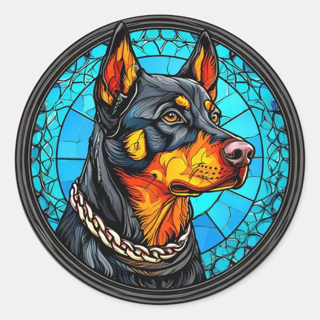 Adesivo Redondo 🐕 Arte de retrato de cão Doberman corajoso 🐕 (Frente)