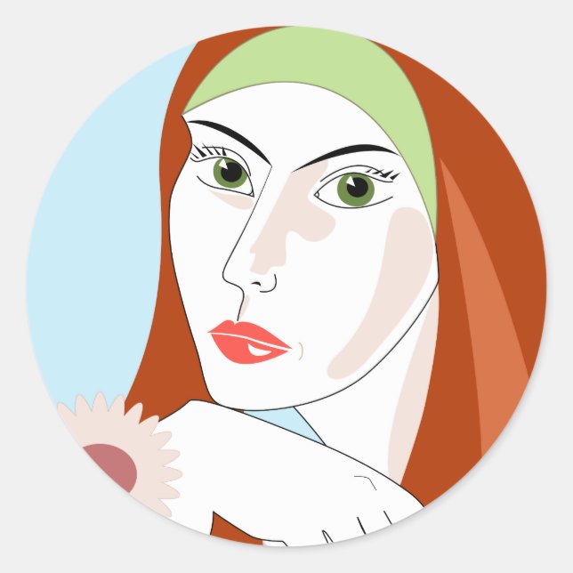 Adesivo Redondo Arte de retrato floral retrô de ruiva (Frente)
