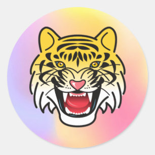 Adesivo Redondo Arte de Rosto de Tigre Sorridente-21876