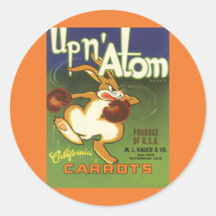 Adesivo Redondo Arte de rótulo vintage coelho boxeador, cenouras U