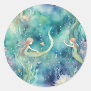 Adesivo Redondo arte de sereias em aquarela