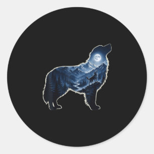 Adesivo Redondo Arte de silhueta de cachorro uivando floresta mont