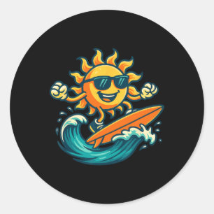 Adesivo Redondo Arte de Sol de Desenho Animado Surfando Onda de Pr