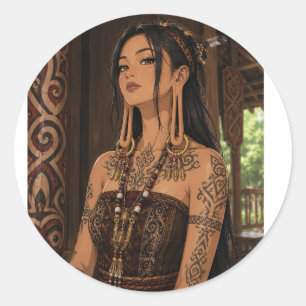 ADESIVO REDONDO ARTE DE TATUAGEM TRIBAL FEMININA DAYAK COM ORELHA